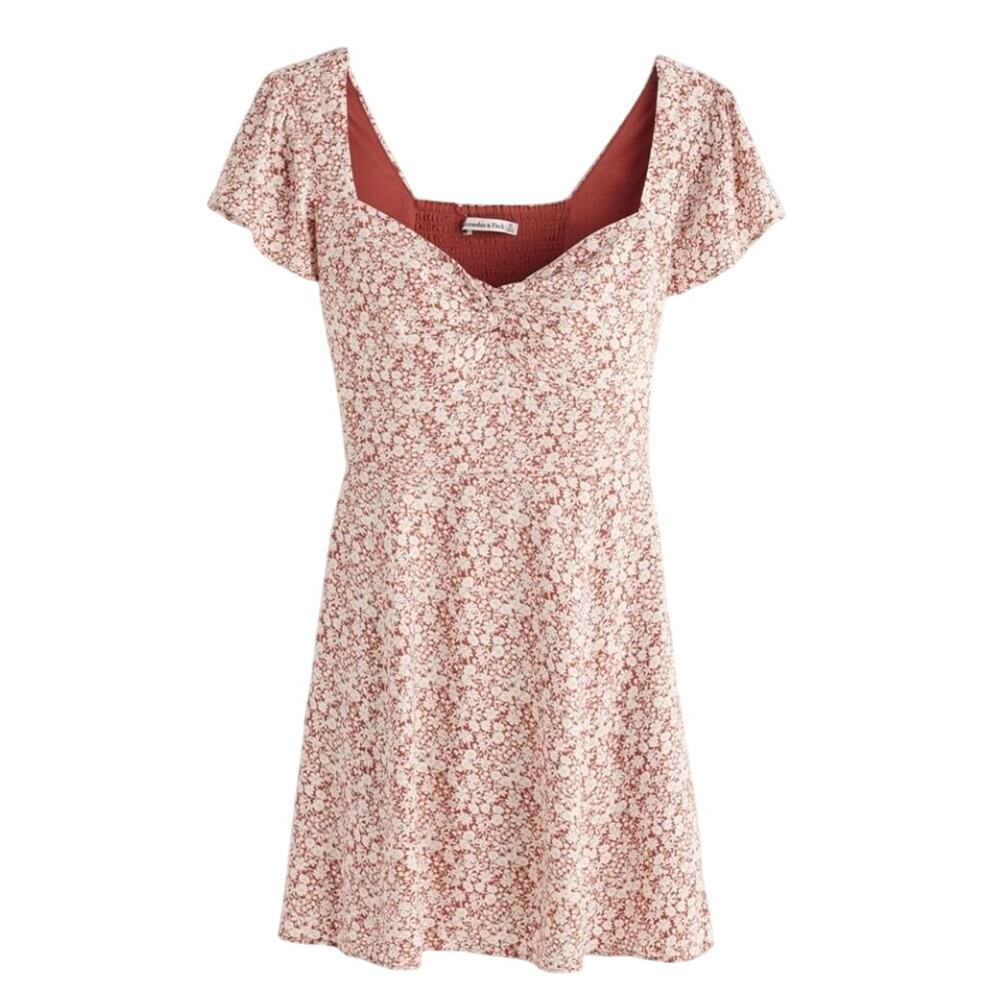 Abercrombie and Fitch Floral Knot Front Mini Dress V-Neck Smocked Rust Red Cream